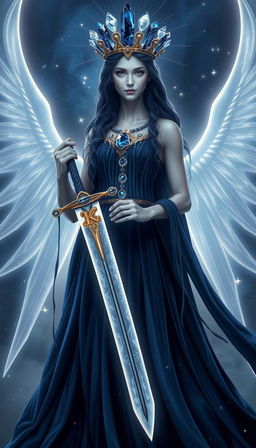 The Goddess of Swords stands in majestic grace, her dark blue flowing dress cascading like the midnight sky