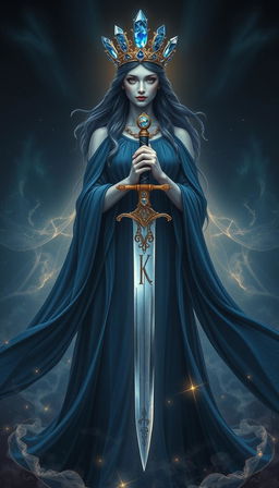 The Goddess of Swords stands in majestic grace, her dark blue flowing dress cascading like the midnight sky