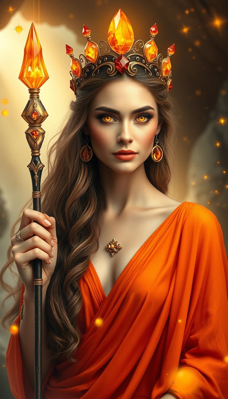 The Goddess of Wands exudes a warm and vibrant aura, draped in an orange flowing dress that radiates energy and vitality