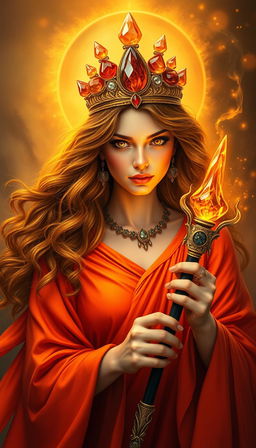 The Goddess of Wands exudes a warm and vibrant aura, draped in an orange flowing dress that radiates energy and vitality