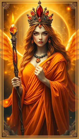 The Goddess of Wands exudes a warm and vibrant aura, draped in an orange flowing dress that radiates energy and vitality