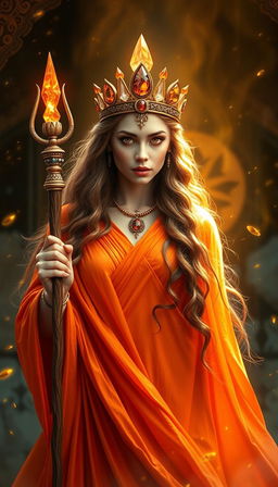 The Goddess of Wands exudes a warm and vibrant aura, draped in an orange flowing dress that radiates energy and vitality