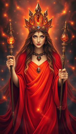 The Goddess of Wands emanates a powerful and warm mystical energy, cloaked in a deep red flowing dress that flows like liquid fire