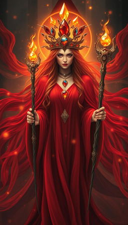 The Goddess of Wands emanates a powerful and warm mystical energy, cloaked in a deep red flowing dress that flows like liquid fire