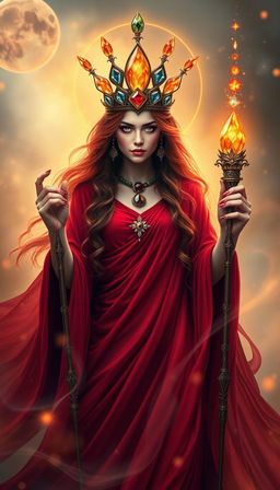 The Goddess of Wands emanates a powerful and warm mystical energy, cloaked in a deep red flowing dress that flows like liquid fire