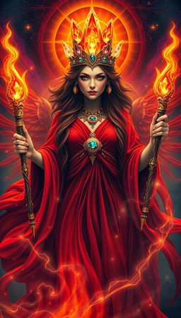 The Goddess of Wands emanates a powerful and warm mystical energy, cloaked in a deep red flowing dress that flows like liquid fire