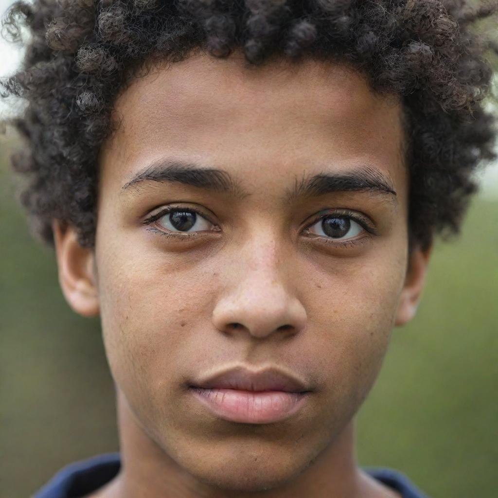 Close-up portrait of a black teenage boy with very short curly hair and acne