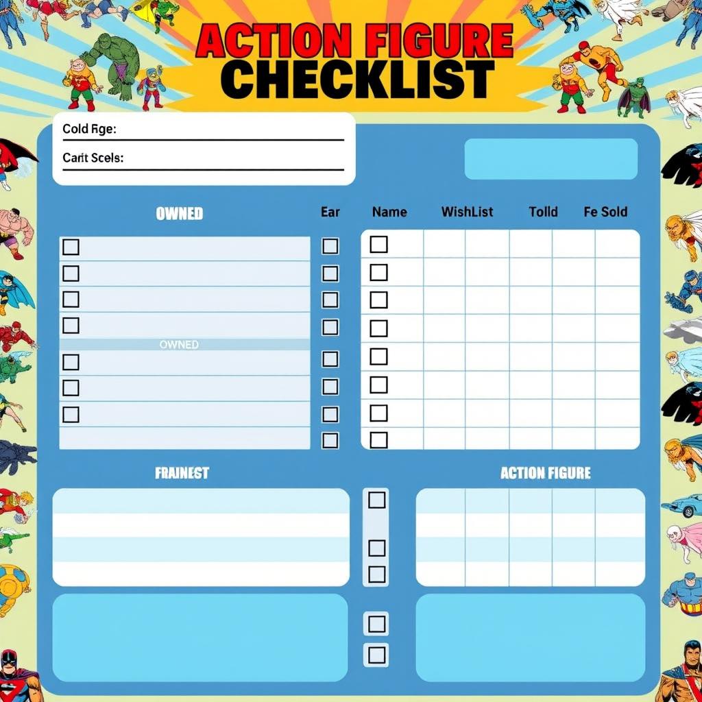 A visually appealing checklist template for action figure collectors, featuring a dynamic layout with sections for listing action figures, categorized by themes or franchises