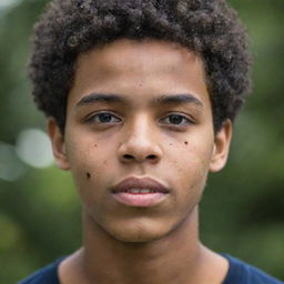 Close-up portrait of a black teenage boy with very short curly hair and acne