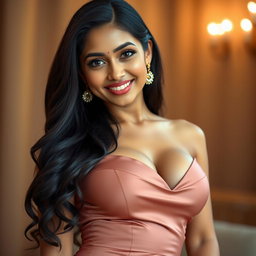 A cute and sexy Indian woman with an alluring smile and captivating eyes, showcasing her curves in a figure-hugging, elegant dress that highlights her big bust and voluptuous hips