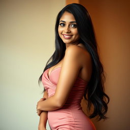 A cute and sexy Indian woman with an alluring smile and captivating eyes, showcasing her curves in a figure-hugging, elegant dress that highlights her big bust and voluptuous hips