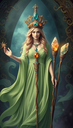 The Goddess of Wands stands in a mystical setting, wearing a flowing green dress that exudes grace and elegance