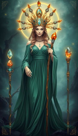 The Goddess of Wands stands in a mystical setting, wearing a flowing green dress that exudes grace and elegance