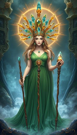 The Goddess of Wands stands in a mystical setting, wearing a flowing green dress that exudes grace and elegance