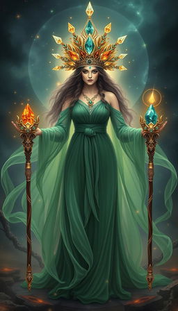 The Goddess of Wands stands in a mystical setting, wearing a flowing green dress that exudes grace and elegance