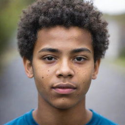 Close-up portrait of a black teenage boy with very short curly hair and acne