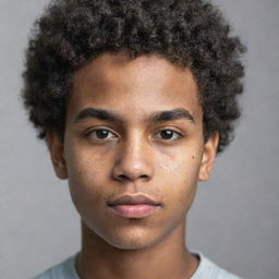 Close-up portrait of a black teenage boy with very short curly hair and acne