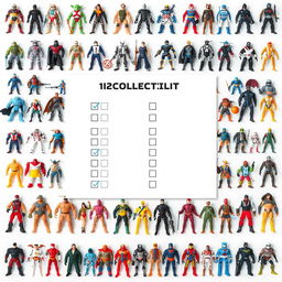 A meticulously arranged collection checklist featuring high-quality images of 120 unique action figures