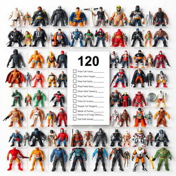 A meticulously arranged collection checklist featuring high-quality images of 120 unique action figures
