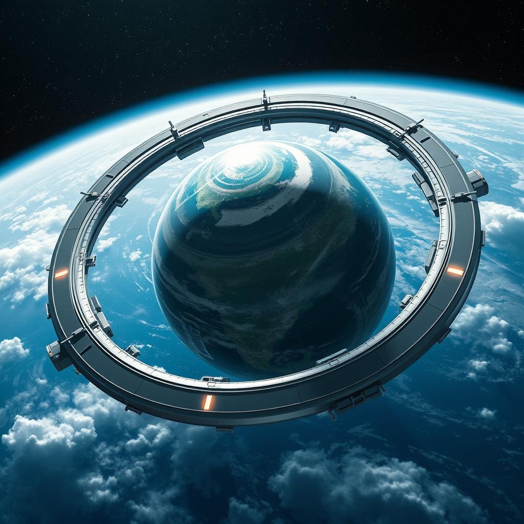 A majestic view of planet Earth with a futuristic ring space station encircling it