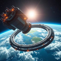 A majestic view of planet Earth with a futuristic ring space station encircling it