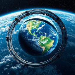 A majestic view of planet Earth with a futuristic ring space station encircling it