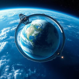 A majestic view of planet Earth with a futuristic ring space station encircling it