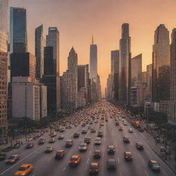 Create image of a busy cityscape at sunset with towering skyscrapers and traffic-filled streets.