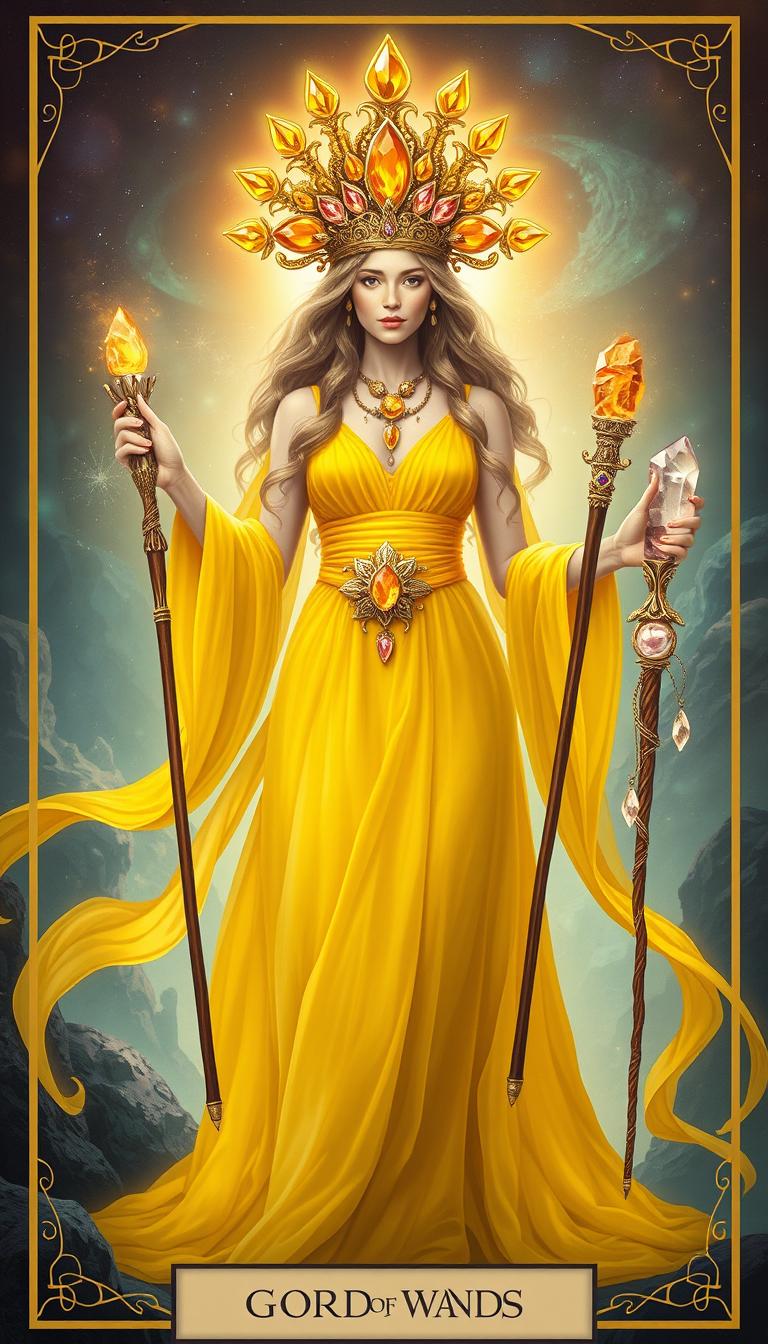 The Goddess of Wands stands in a mystical setting, wearing a flowing bright yellow dress that radiates warmth and vibrancy