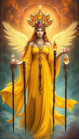 The Goddess of Wands stands in a mystical setting, wearing a flowing bright yellow dress that radiates warmth and vibrancy