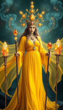 The Goddess of Wands stands in a mystical setting, wearing a flowing bright yellow dress that radiates warmth and vibrancy