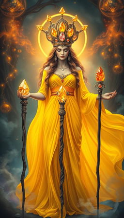 The Goddess of Wands stands in a mystical setting, wearing a flowing bright yellow dress that radiates warmth and vibrancy