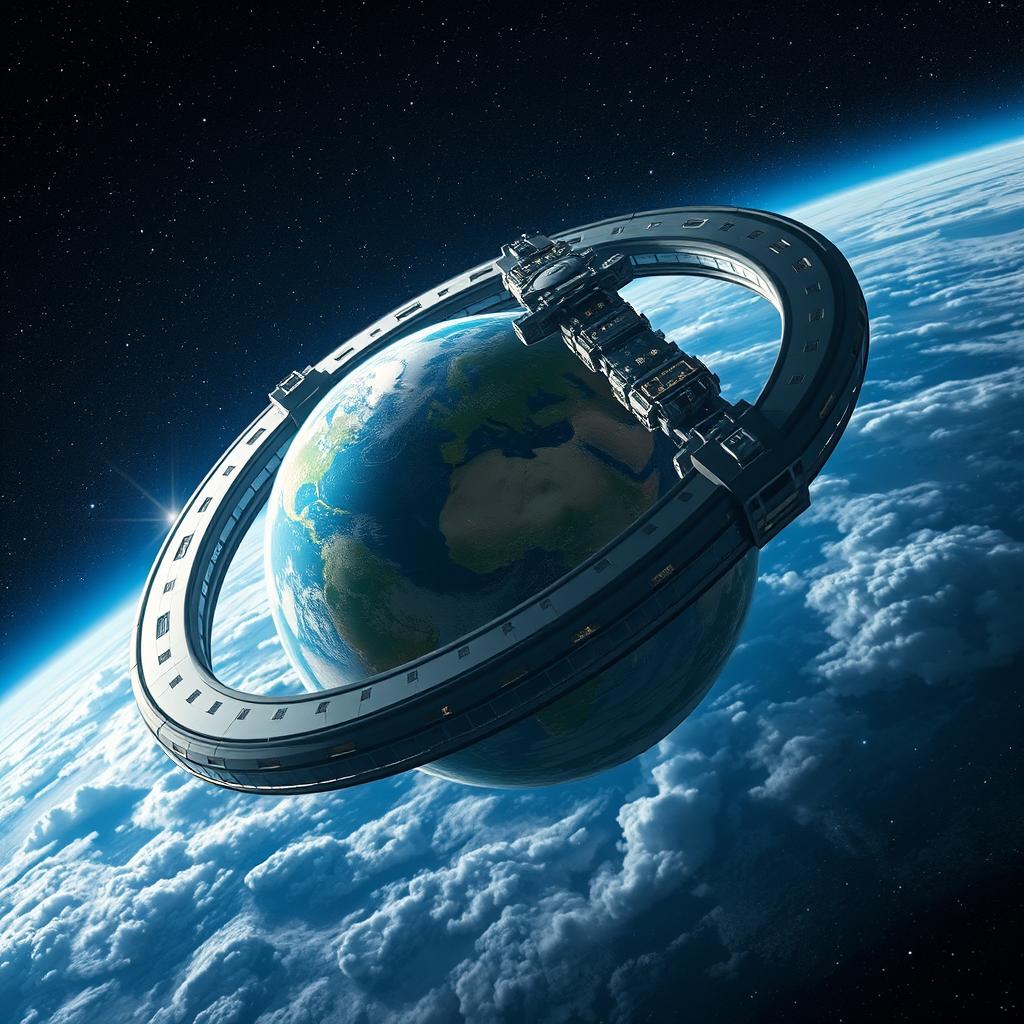 A captivating depiction of planet Earth adorned with a colossal ring-shaped space station