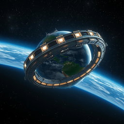 A captivating depiction of planet Earth adorned with a colossal ring-shaped space station