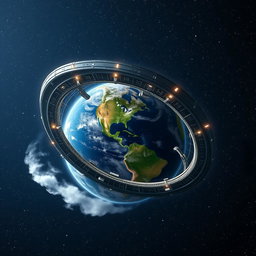 A captivating depiction of planet Earth adorned with a colossal ring-shaped space station