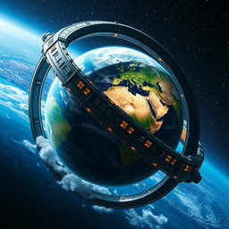 A captivating depiction of planet Earth adorned with a colossal ring-shaped space station