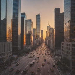 Create image of a busy cityscape at sunset with towering skyscrapers and traffic-filled streets.