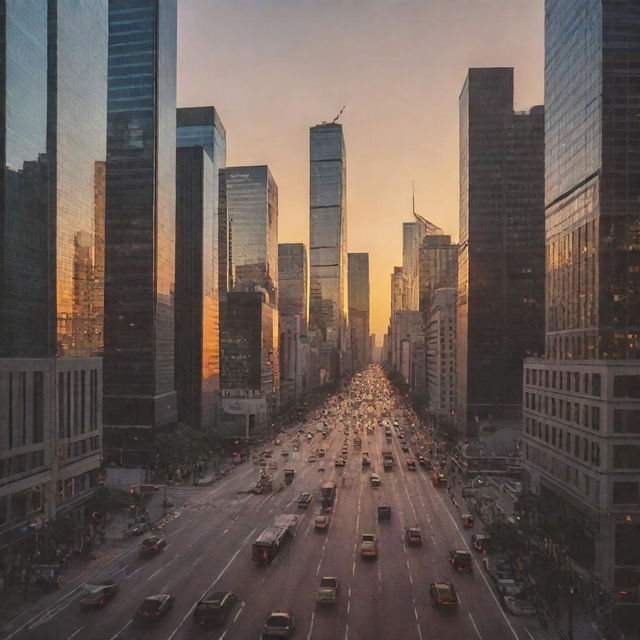 Create image of a busy cityscape at sunset with towering skyscrapers and traffic-filled streets.