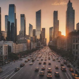 Create image of a busy cityscape at sunset with towering skyscrapers and traffic-filled streets.