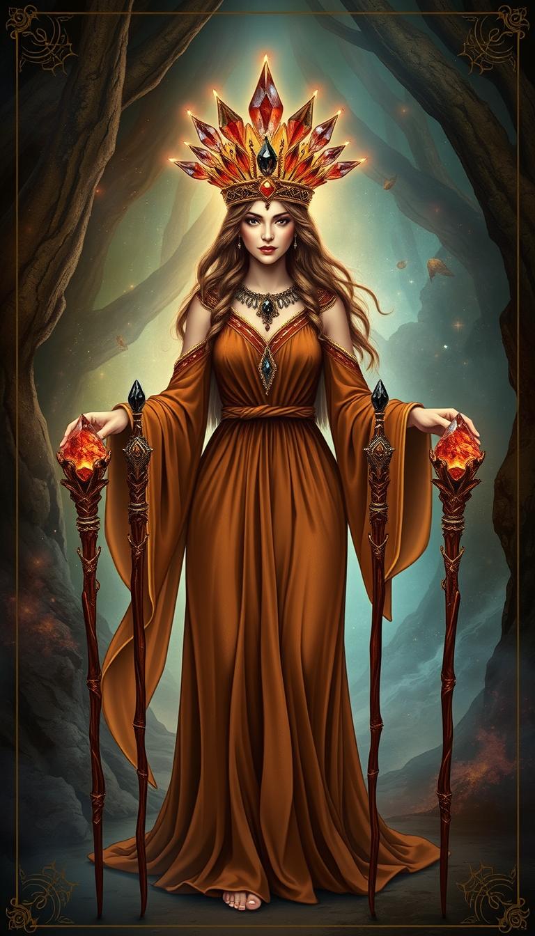 The Goddess of Wands stands in a mystical setting, wearing a flowing brown dress that reflects Earth’s grounding essence