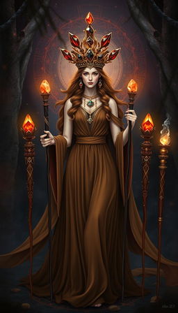 The Goddess of Wands stands in a mystical setting, wearing a flowing brown dress that reflects Earth’s grounding essence