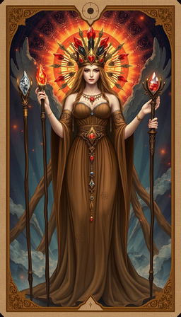 The Goddess of Wands stands in a mystical setting, wearing a flowing brown dress that reflects Earth’s grounding essence