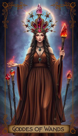 The Goddess of Wands stands in a mystical setting, wearing a flowing brown dress that reflects Earth’s grounding essence