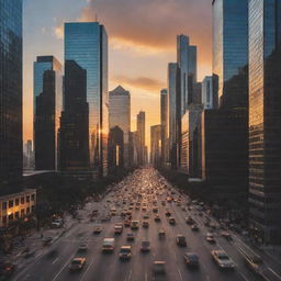 Create image of a busy cityscape at sunset with towering skyscrapers and traffic-filled streets.