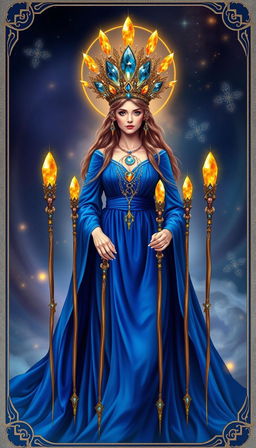 The Goddess of Wands stands in a mystical setting, wearing a flowing royal blue dress that signifies nobility and depth