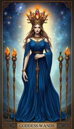 The Goddess of Wands stands in a mystical setting, wearing a flowing royal blue dress that signifies nobility and depth