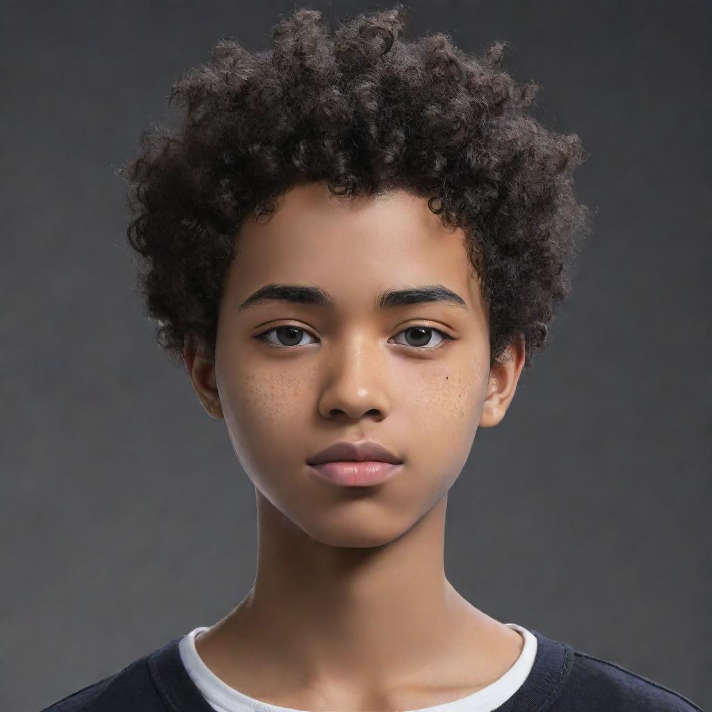 Anime style black teenage boy with very short curly hair and acne