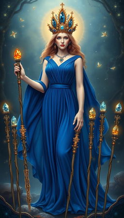 The Goddess of Wands stands in a mystical setting, wearing a flowing royal blue dress that signifies nobility and depth