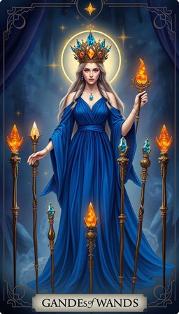 The Goddess of Wands stands in a mystical setting, wearing a flowing royal blue dress that signifies nobility and depth