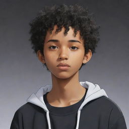 Anime style black teenage boy with very short curly hair and acne